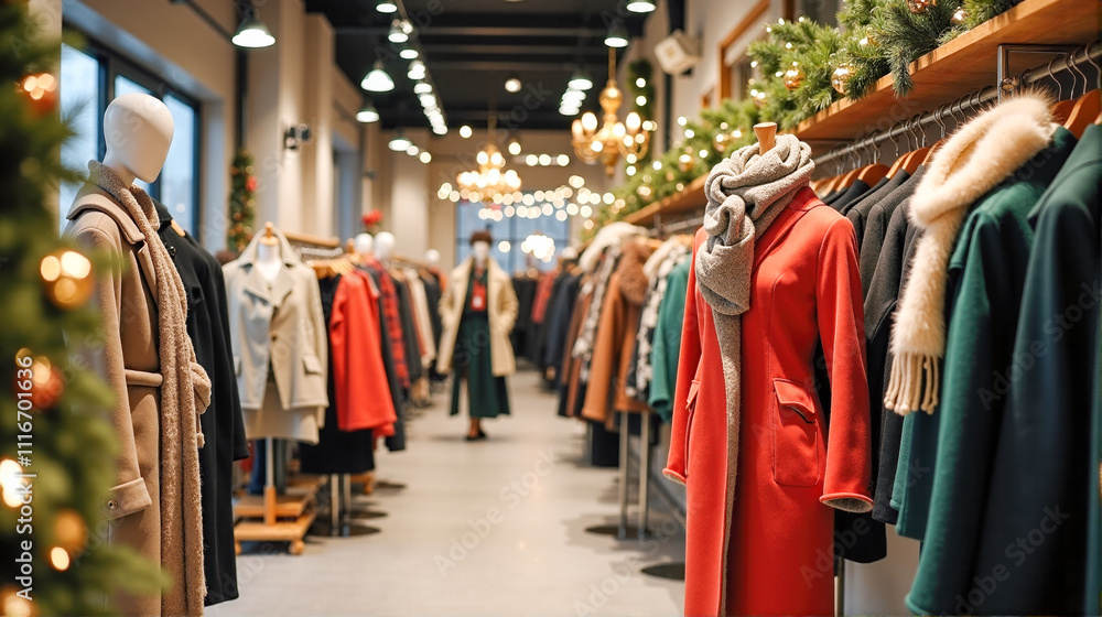 Stylish clothing display in a cozy boutique decorated for the holiday season Stylish clothing display in a cozy boutique decorated for the holiday season