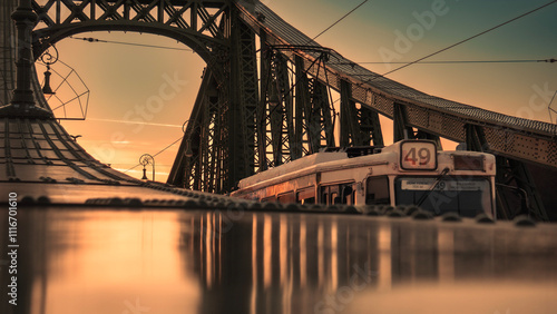 bridge, tram, budapest, hungary, liberty bridge,  lights, golden hour, reflection, 