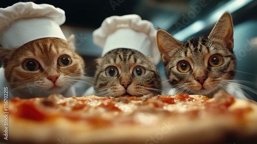 In a comical scene, three cats don chef hats and peer intently at a freshly baked pizza, depicting animal curiosity with a touch of culinary interest. photo