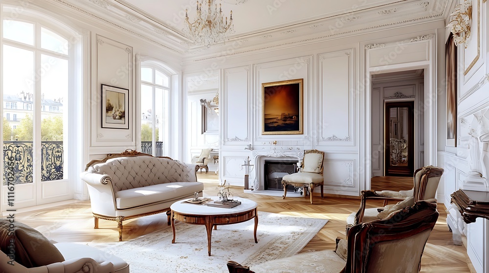 Fototapeta premium Elegant living room with antique furniture, hardwood floors, large windows, and ornate moldings.