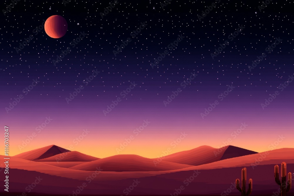 Desert landscape at dusk with starry sky and moonlit mountains Desert landscape at dusk with starry sky and moonlit mountains