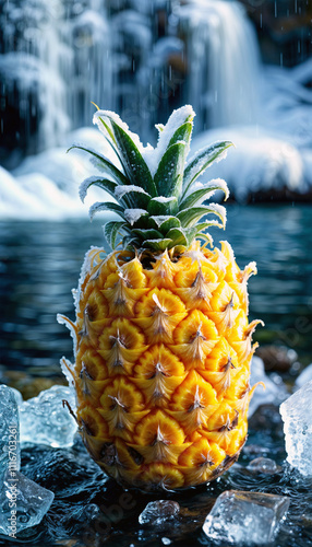 Frozen pineapple covered with frost. Whole pineapple