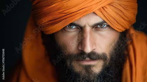 A detailed portrait of a focused man with an orange turban, staring intensely at the viewer, capturing a dramatic and enigmatic essence with striking details. photo