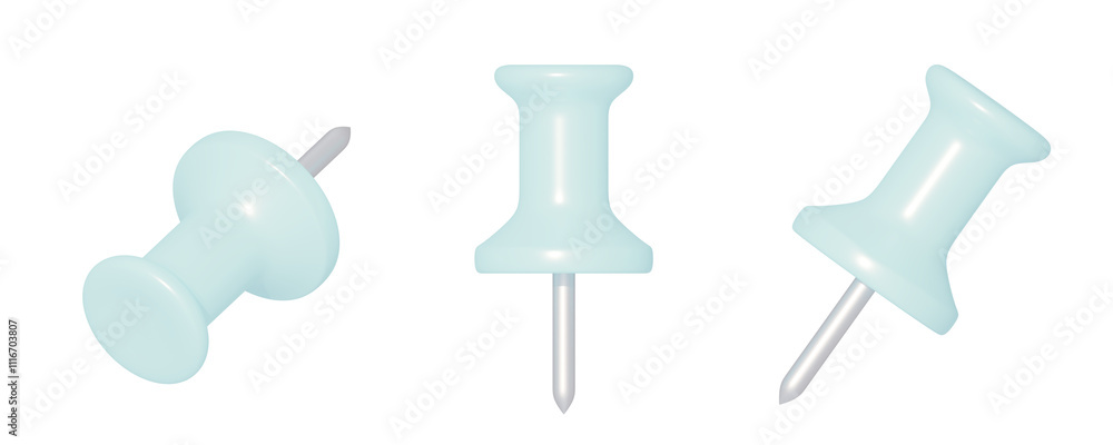 3d icon, 3d illustration, plastic soft light blue cute pins, thumbtack or pushpin set on an isolated background 3d icon, 3d illustration, plastic soft light blue cute pins, thumbtack or pushpin set on an isolated background