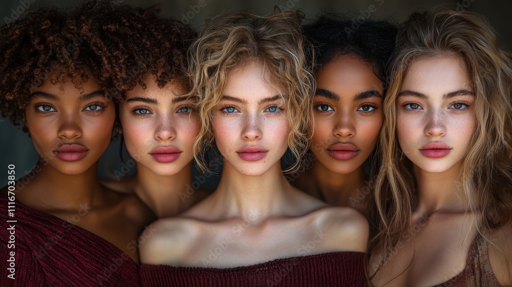 Obraz premium A captivating portrait of five diverse women standing closely together, each displaying unique features that blend unity and individuality in one frame.