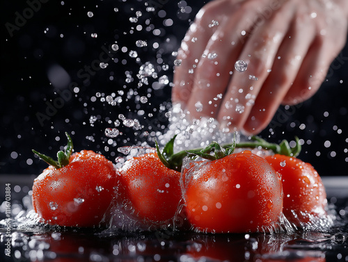 Person blanching tomatoes in boiling water and peeling them photo