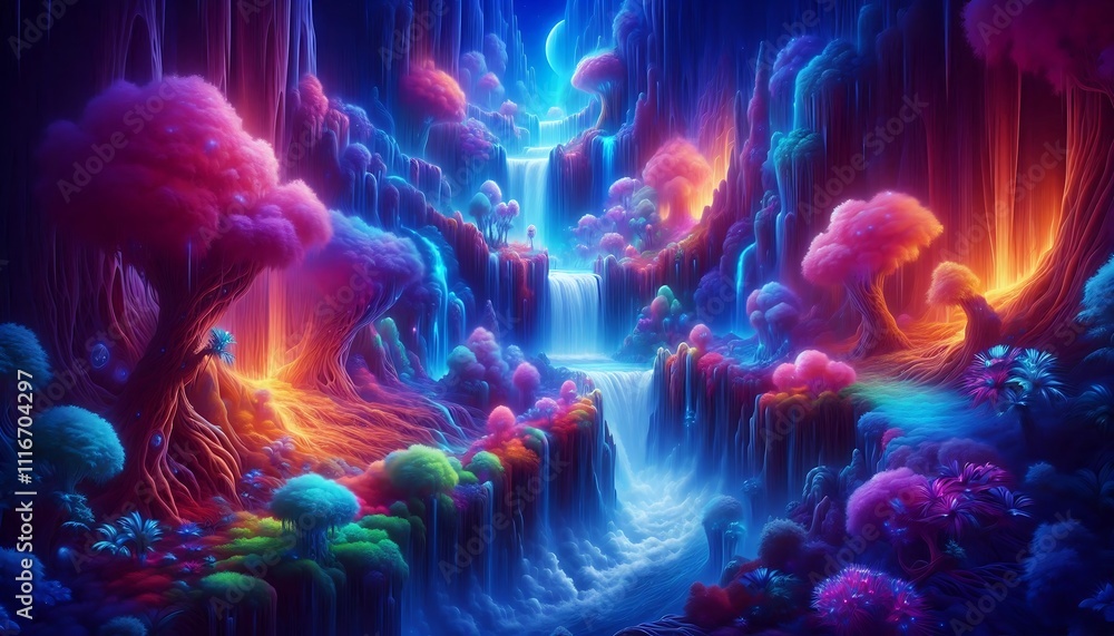 Obraz premium glowing waterfalls cascading through surreal fantasy canyon, surrounded by vibrant, otherworldly vegetation