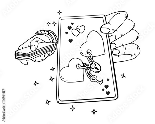 Prophecies. Spells. Witch hand showing card and telling the future on the deck of cards. Predicts fate. Card with love sign. Vector line hand drawn illustration