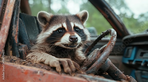 A curious raccoon sits in an old, rusty vehicle, gripping the weathered steering wheel, surrounded by nature's reclamation, showcasing adventure and nostalgia. photo