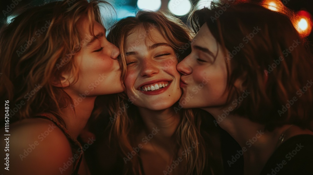 Dynamic shot of a group of friends playfully kissing each other's cheeks, showcasing friendship and affection in a lively setting. Dynamic shot of a group of friends playfully kissing each other's cheeks, showcasing friendship and affection in a lively setting.