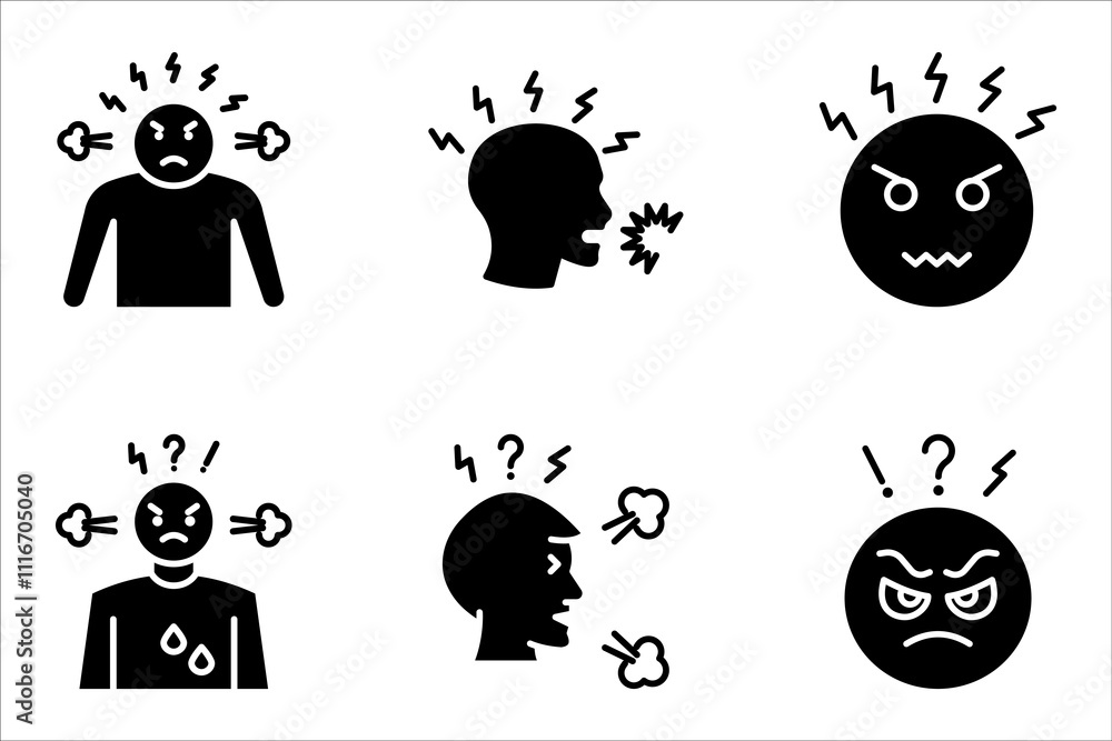Angry person Stress or anxiety icon set symbol. Frustration, emotion, burnout, furious concept, with a white background. Angry person Stress or anxiety icon set symbol. Frustration, emotion, burnout, furious concept, with a white background.