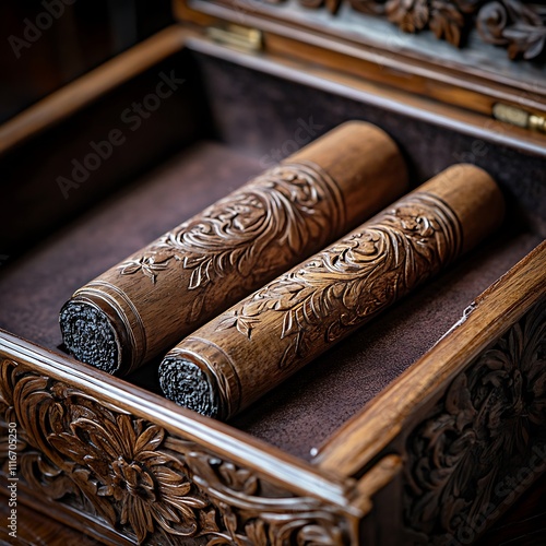 Wallpaper Mural Intricately carved wooden cylinders rest inside an ornate wooden box. Torontodigital.ca