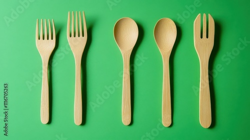 Eco-friendly disposable utensils made of bamboo wood and paper on green background. Environmental protection, save nature, ecology plastic-free, zero waste concept.