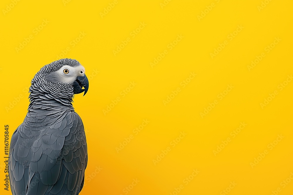 Fototapeta premium Grey parrot posing on vibrant yellow background