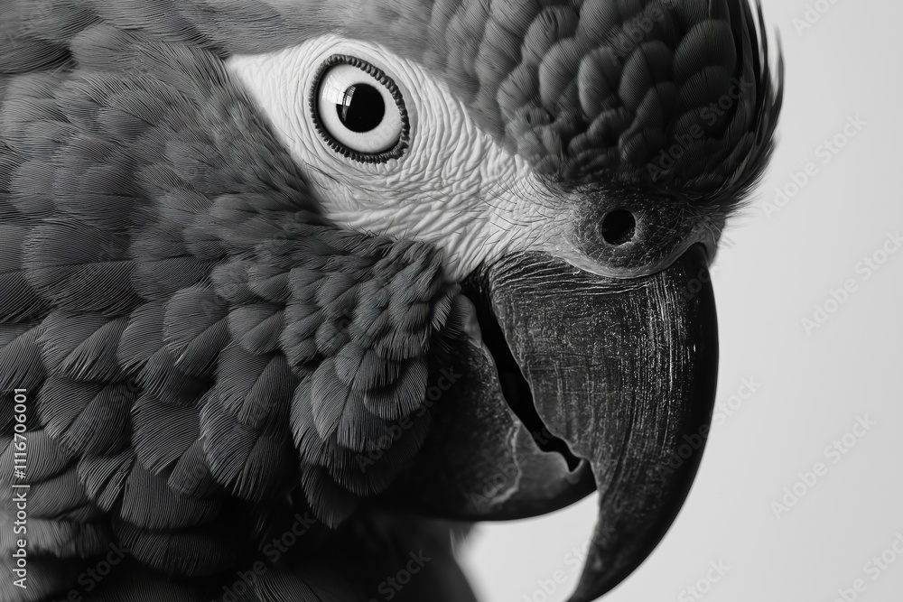 Obraz premium Black and white close-up of a parrot showing its beak and eye