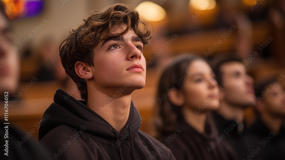 Obraz premium Teenagers attentively listening in a large group setting, showcasing diverse emotions and engaged expressions during an event or presentation.
