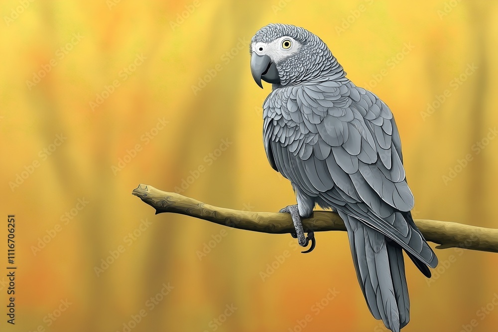 Fototapeta premium Grey parrot perched on branch: minimalist wildlife portrait