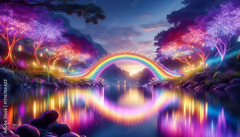Fototapeta premium radiant glowing rainbow bridge spanning tranquil river under twilight sky, creating whimsical, enchanting scene