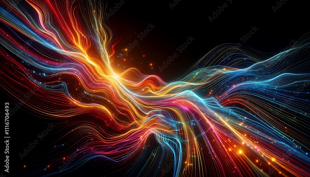 Fototapeta premium vibrant glowing waves flowing rhythmically on black background, creating dynamic and captivating energy patterns