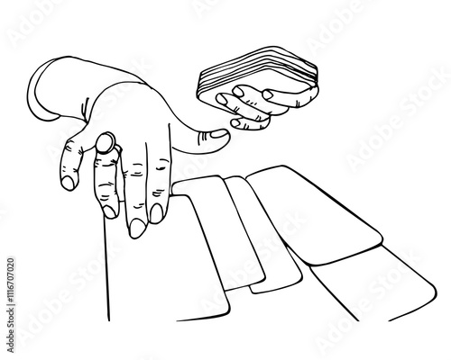 Prophecy of cards. Witch hands with spells cards. Predicts future. Magic or game symbols. Vector hand drawn line illustration