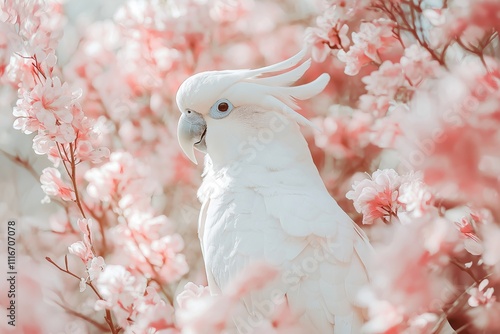 White cockatoo parrot perched among pink blossom flowers photo