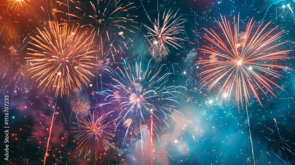 Fototapeta premium Fireworks night sky background illustration