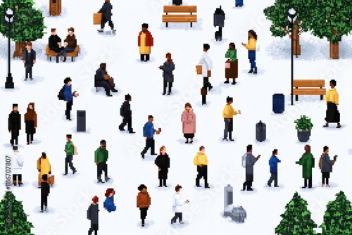 Pixel art city park scene with diverse people walking on snowy day