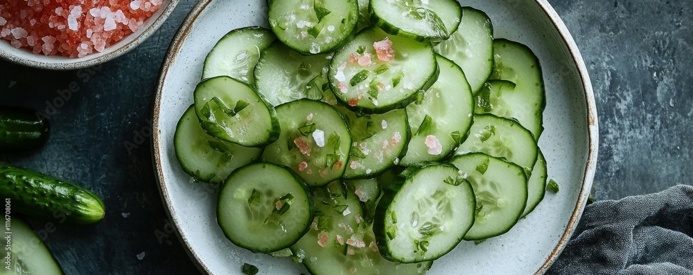 Fresh cucumbers and Himalayan salt on a white plate Fresh cucumbers and Himalayan salt on a white plate