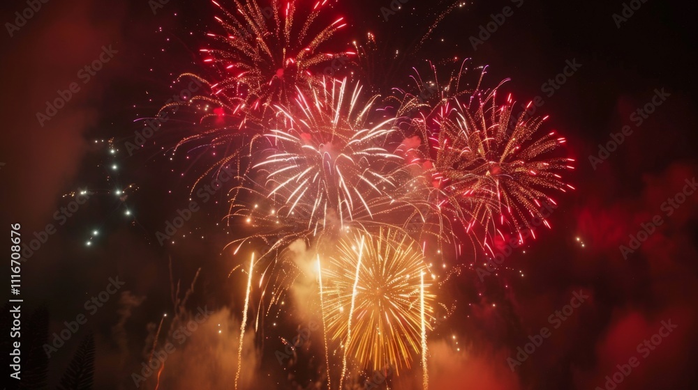 Fototapeta premium Fireworks night sky background illustration