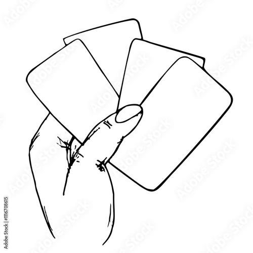 Hand holding playing cards. Cards game. Prophecies. Spells. Sketch line vector illustration