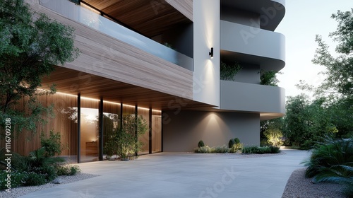 A striking modern building showcases sleek lines and ample greenery, reflecting a balance between contemporary architecture and nature's beauty at the entrance. photo