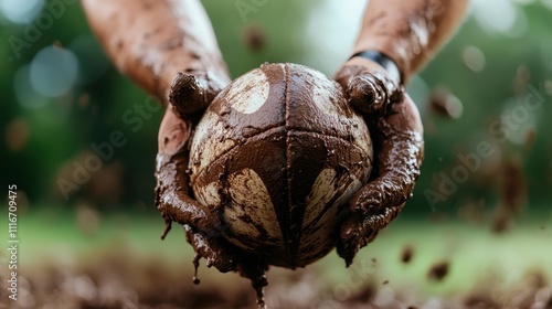 An action-packed shot captures a muddy rugby ball cradled expertly in the hands of a player, symbolizing strength, endurance, and the spirit of the game. photo