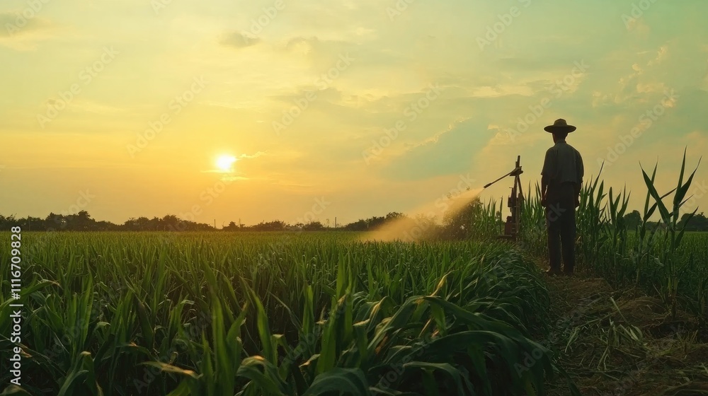 Farmer irrigates his cornfield at sunset Farmer irrigates his cornfield at sunset