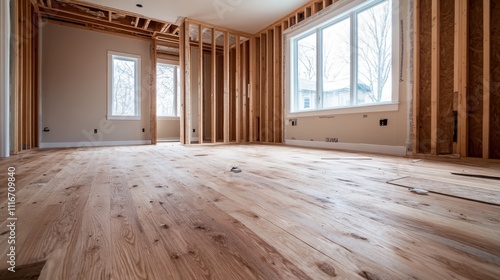 An unfinished room filled with natural light showcases freshly installed wooden floors and framed walls, giving a glimpse of a home under construction. photo