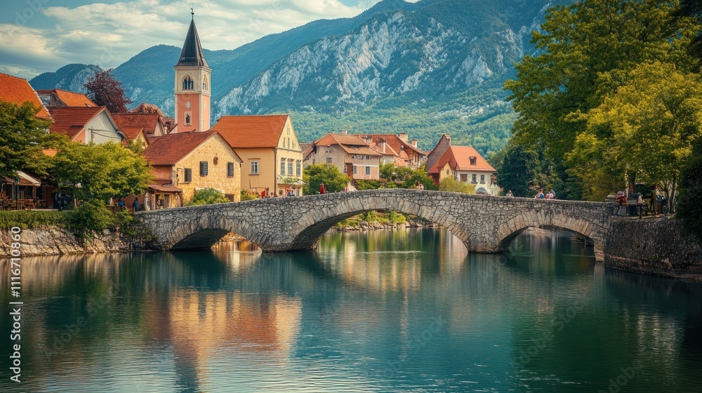Obraz premium Picturesque Stone Bridge over Calm River, Charming Village with Mountain backdrop