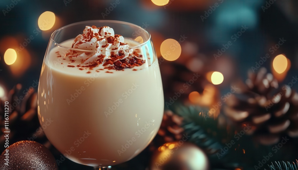 Holiday season eggnog with vibrant toppings, sleek glassware, soft lighting Holiday season eggnog with vibrant toppings, sleek glassware, soft lighting