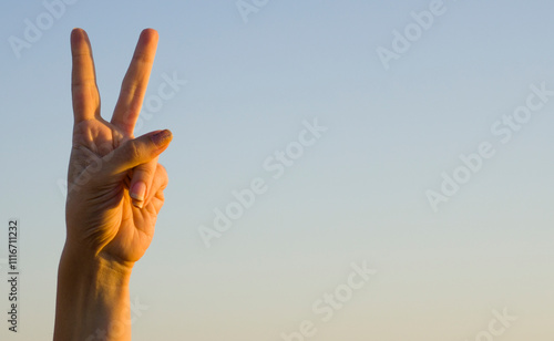 Hand showing number two gesture on blue sea sky background. Gesturing number 2 index finger. Making number two in sign language. Hand counting two. Space for ad text