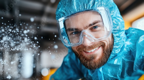 A smiling scientist in a blue protective suit in a lab, surrounded by particles, embodying scientific curiosity and the joy of exploration in a safe environment. photo