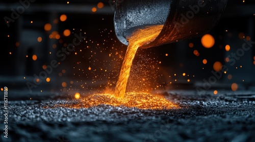 A glowing stream of molten metal flows onto a textured surface in a foundry, its brilliant light casting shadows, capturing technology, craft, and industrial power. photo