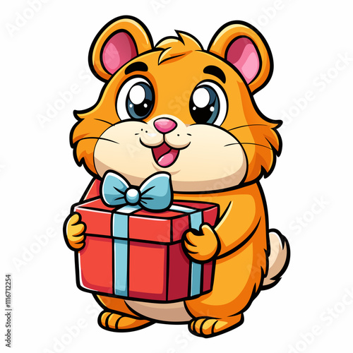 A cheerful cartoon hamster holds a red gift box wrapped with a turquoise ribbon