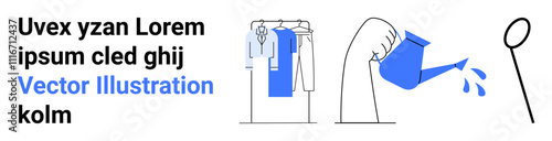 Garments hanging on a clothing rack, a hand watering with a can, and a needle. Ideal for fashion, gardening, DIY, craftsmanship, workspace organization creativity themes. Landing page