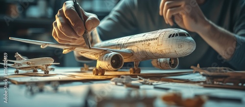 Close-up of hands meticulously detailing a model airplane.