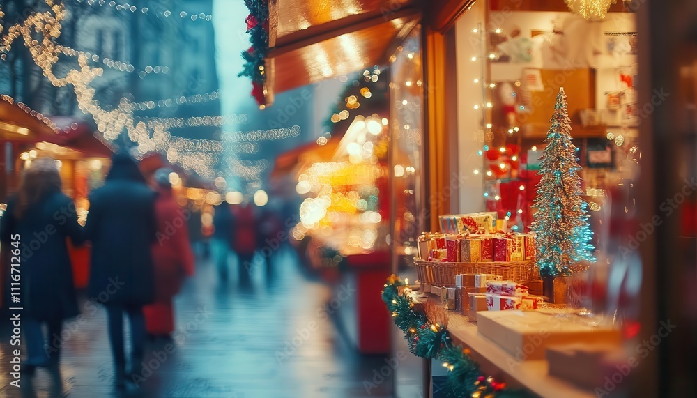 Holiday season market shopping with vibrant stalls, dynamic energy, festive lighting Holiday season market shopping with vibrant stalls, dynamic energy, festive lighting