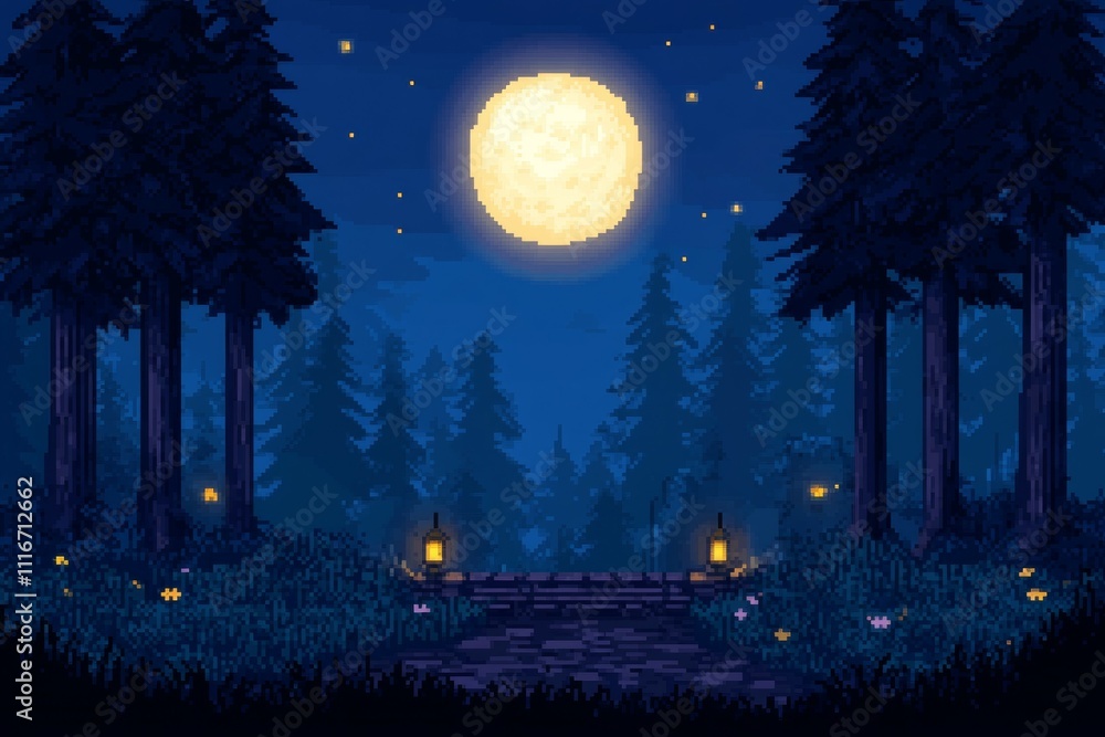 Pixel art night forest scene with full moon and lanterns Pixel art night forest scene with full moon and lanterns