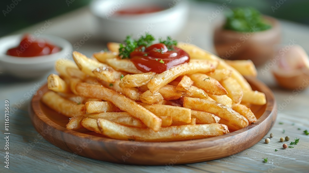 Delicious golden french fries on wooden plate with ketchup and herbs. Delicious golden french fries on wooden plate with ketchup and herbs.