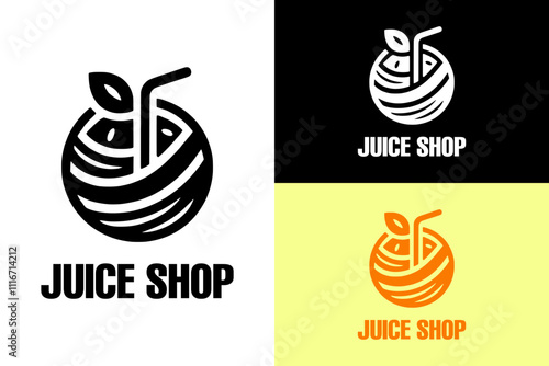 illustration of full orange fruit, leaf, straw, lines juice shop logo, smoothies bar, drinks, fresh juice, vector objects