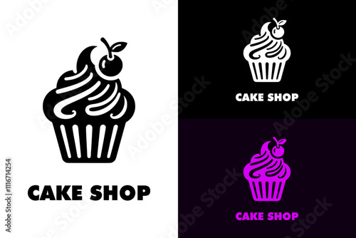 cupcake, cherry, leaf, cream, cake shop logo, pastry, sweet, dessert, birthday, celebration, food, vector