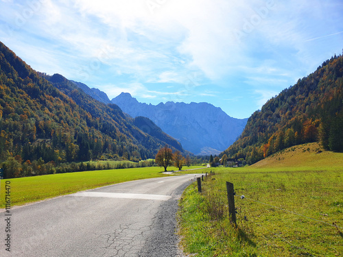Obraz na płótnie landscape of Logar valley - mountains Kamnik Alps in Slovenia w salonie