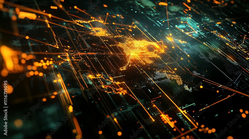 Fototapeta premium Glowing digital world map with network connections.