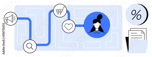 Customer journey map with icons for search, marketing, shopping cart, heart, user profile, and documents. Ideal for marketing strategies, customer experience, e-commerce, business analysis, data